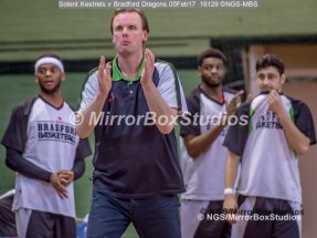Solent Kestrels NBL Division 1 - 5 February, 2017 - Fleming Park Leisure Cent. : Coach of Bradford Dragons Mr Chris Mellor is happy with the decision. (Photo by NGS/MirrorBoxStudios)
