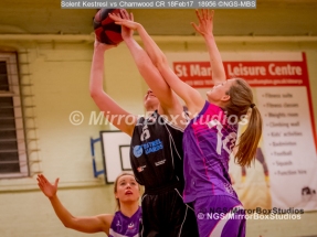 WNBL Division 1 - 18 February, 2017 - St Marys Leisure Cent. : A Forsyth (14) physical defense during match between Solent Kestrels Women and Charnwood CR (Photo by NGS/MirrorBoxStudios)